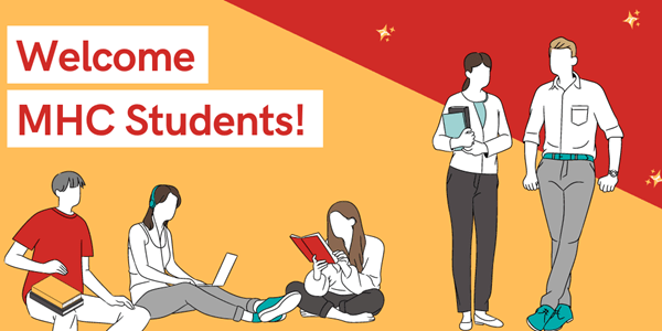 Students carry books. Text reads: Welcome MHC Students!
