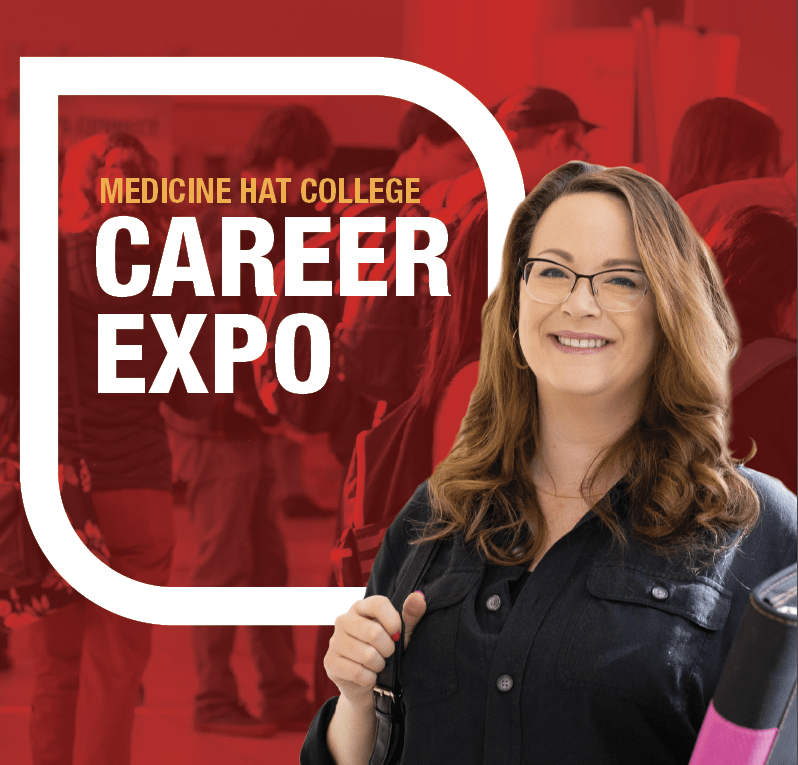 Woman standing with backpack and binder with Career Expo text in foreground, crowd of people in the background