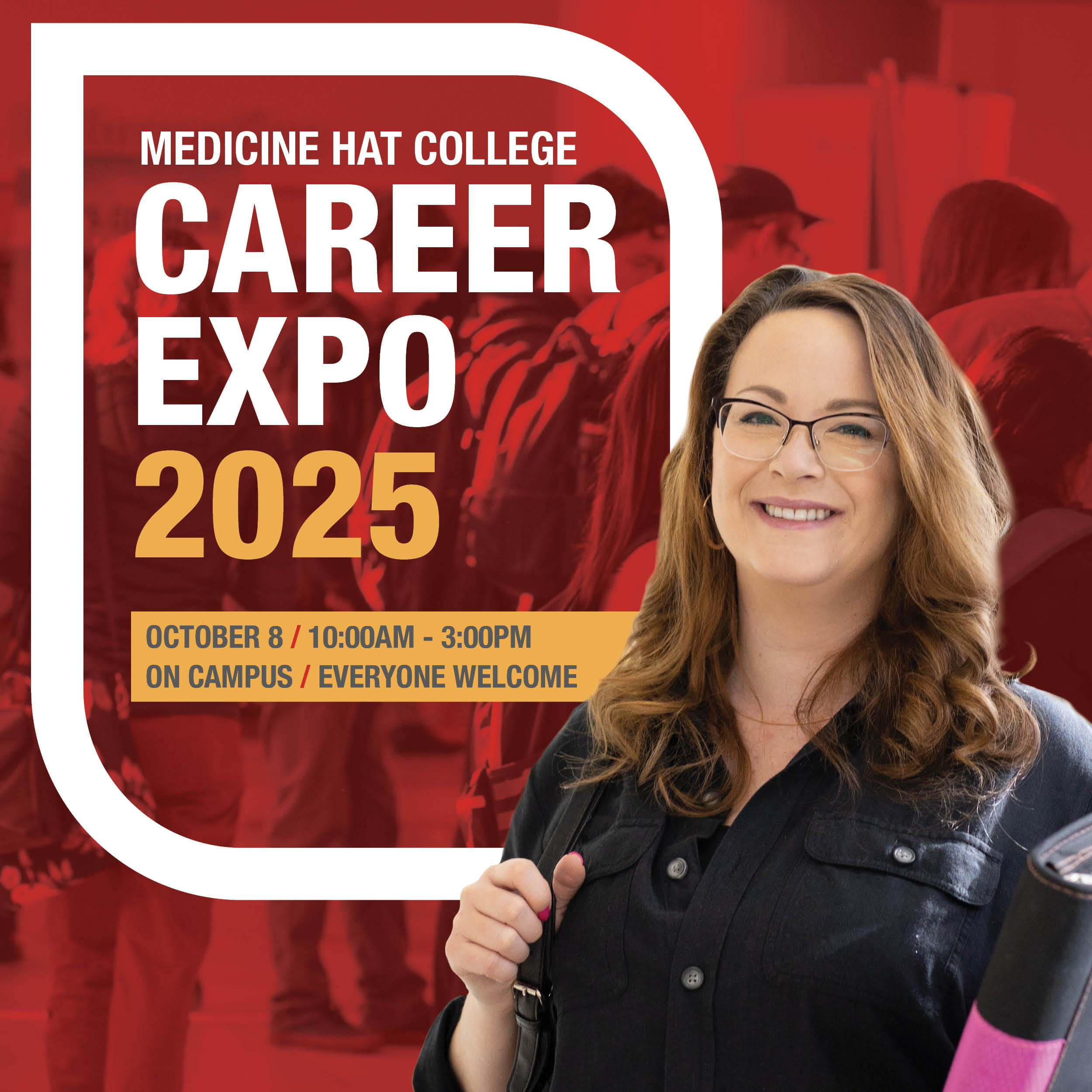 Woman standing with backpack and binder with Career Expo text in foreground, crowd of people in the background