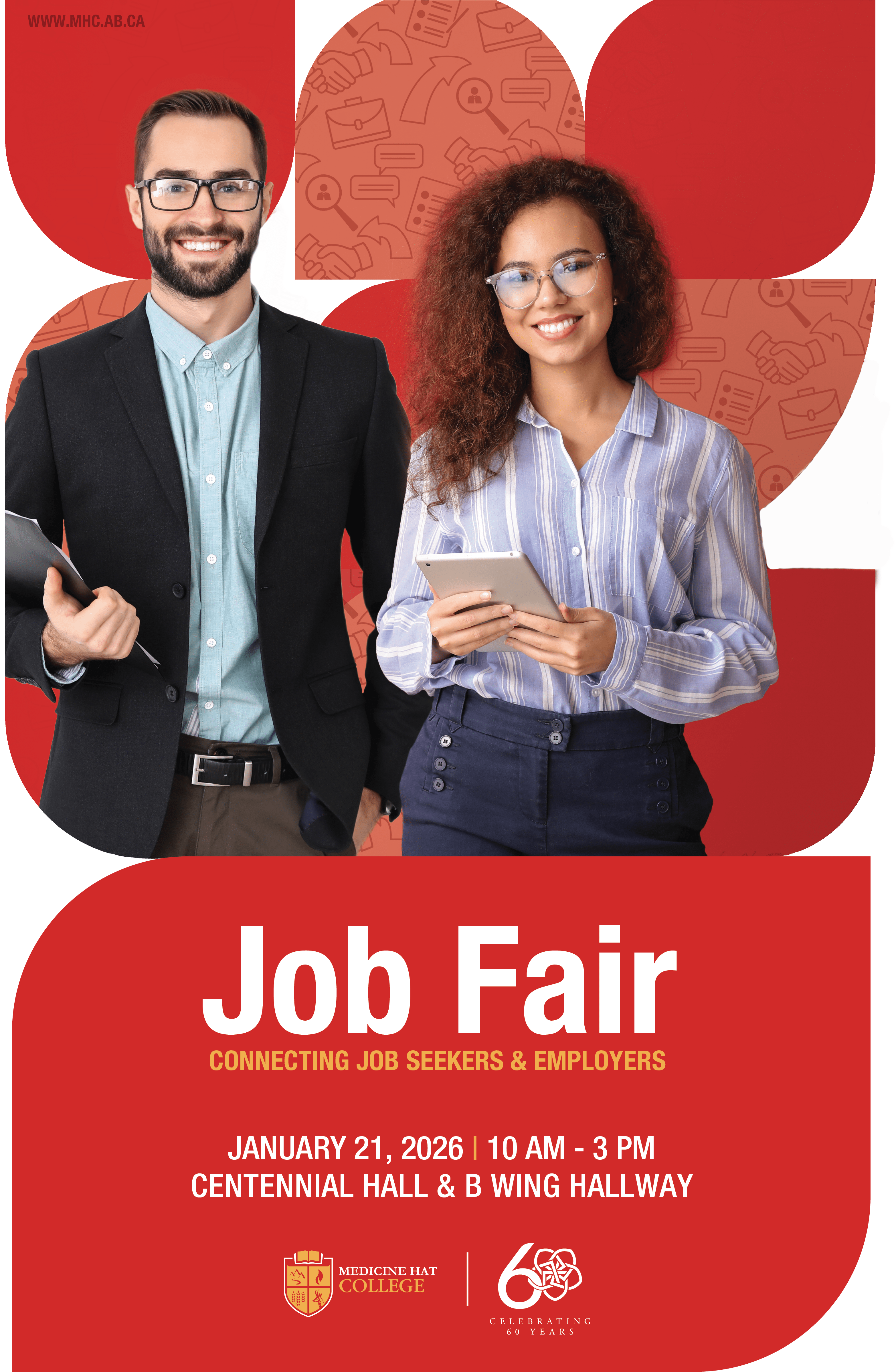 Medicine Hat College Community Job Fair poster with a man and a women dressed in professional attire