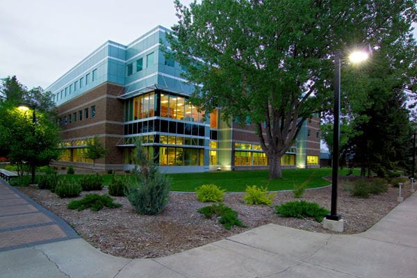 Exterior view of Vera Bracken Library at night