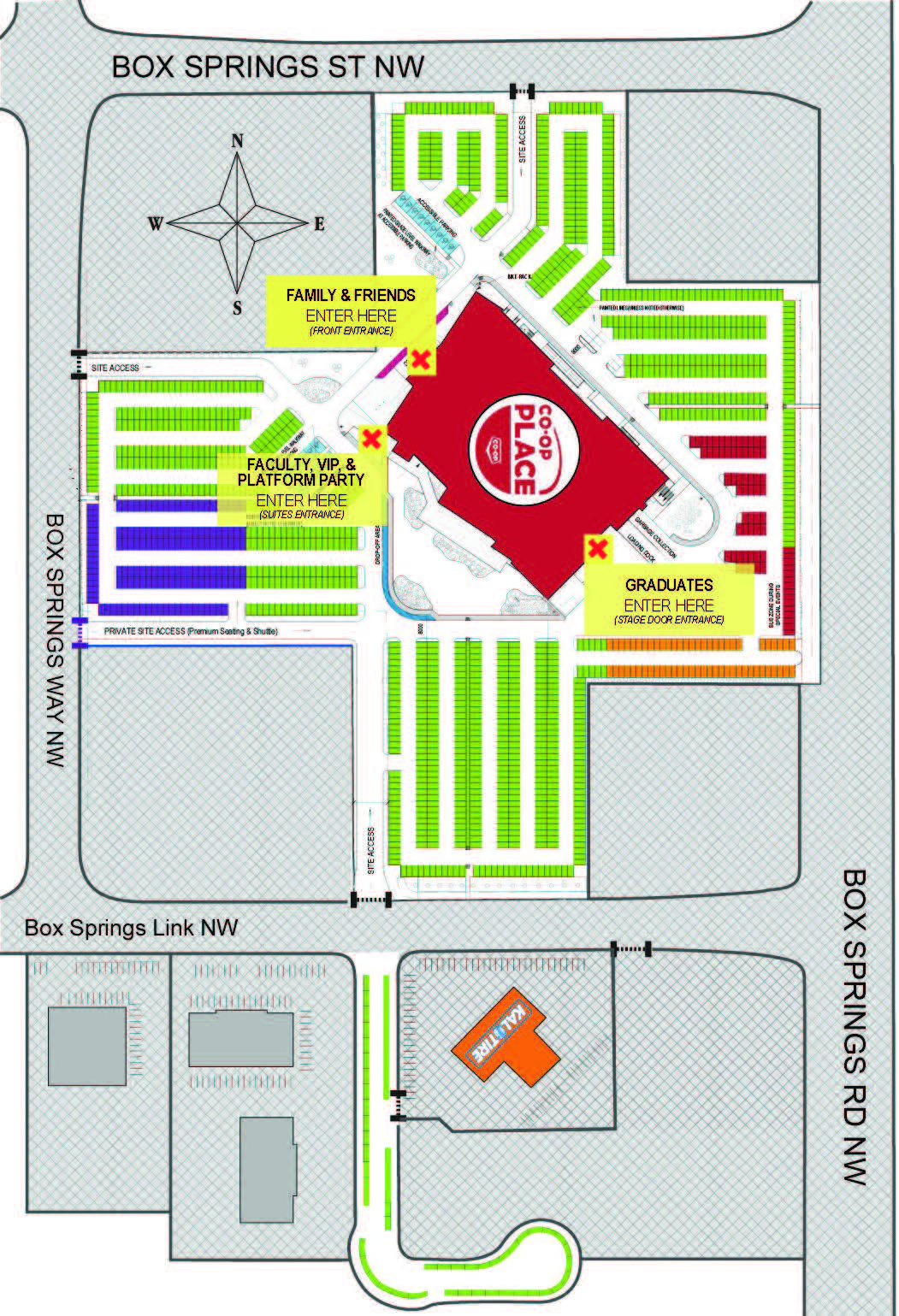 Convocation parking map with entrances marked.
