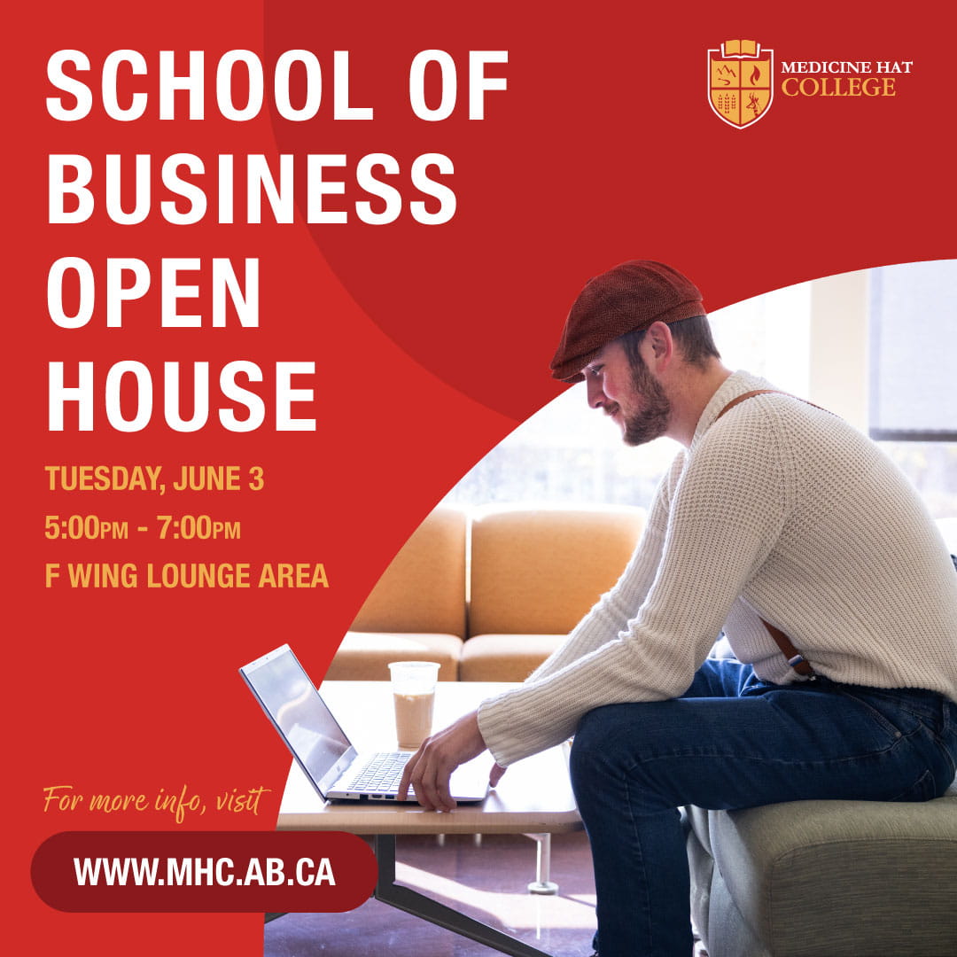 Student sitting on a couch, working on a laptop, text reads School of Business Open House