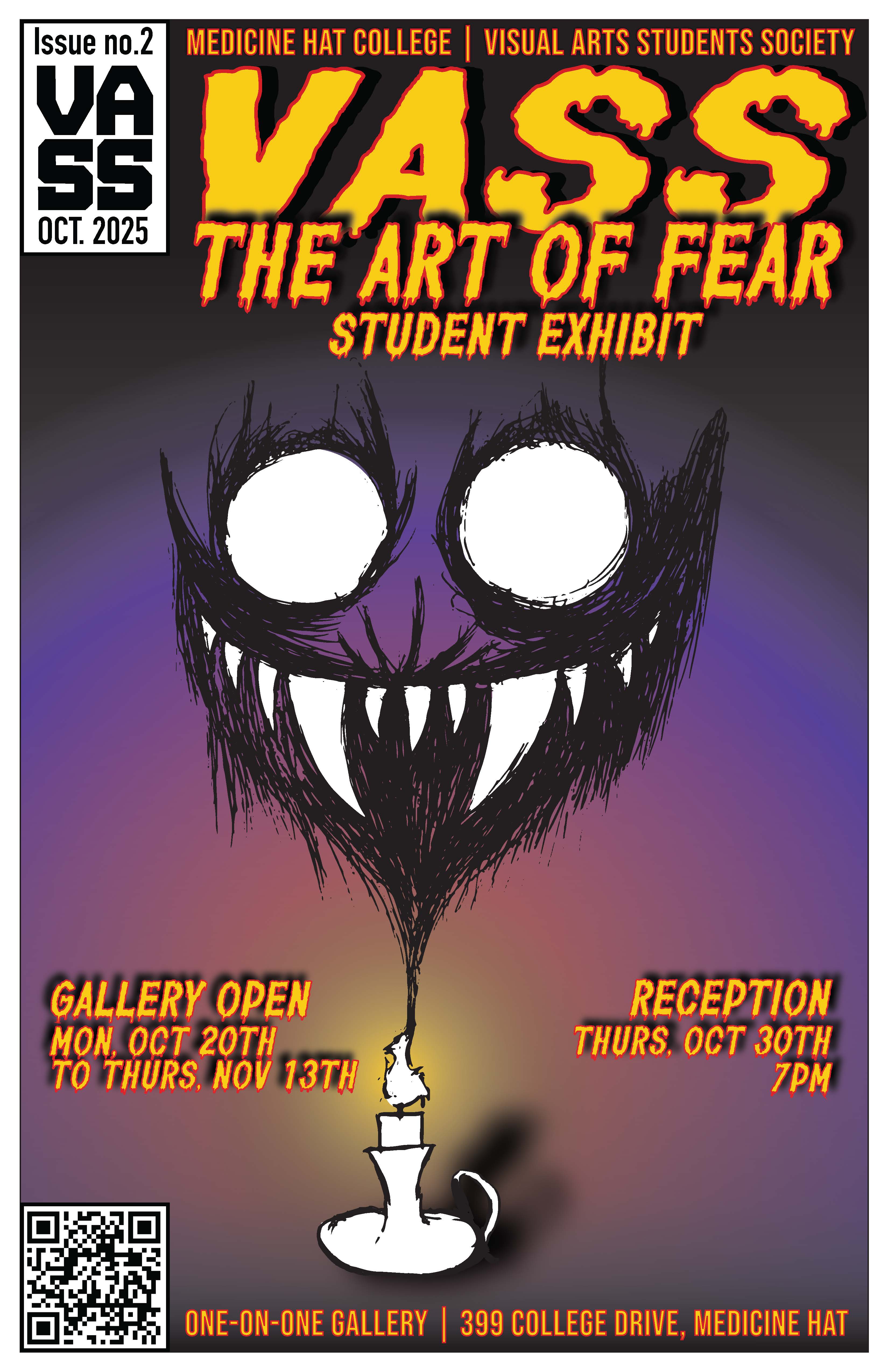 Graphic poster of illustrated of a spooky face emerging from a shadow of a candle. Above is a heading saying "VASS: The Art of Fear Student Exhibit" at the One on One Gallery. 