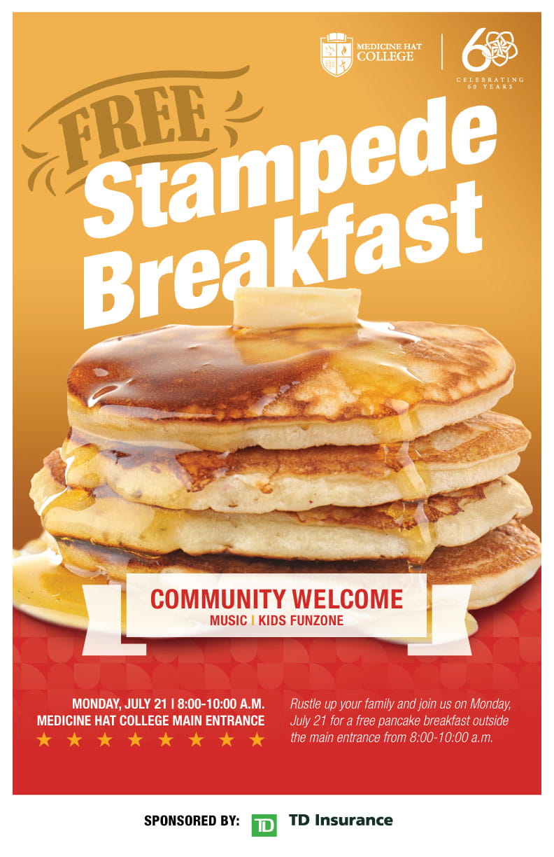 Medicine Hat College hosts Stampede Breakfast on July 21 from 8-10am, photo of pancakes