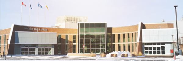 Exterior of Medicine Hat campus Centennial Hall in winter