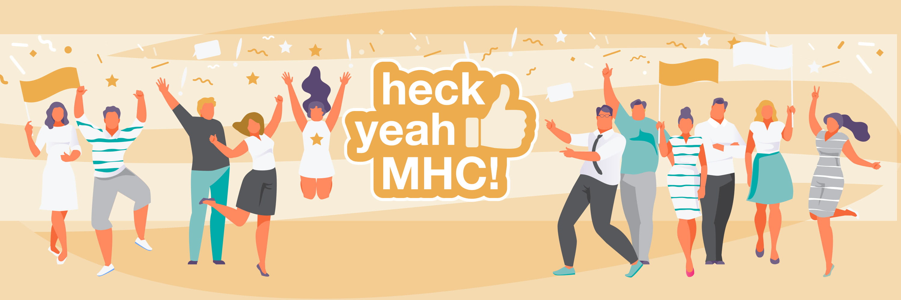 Illustration of people celebrating, Heck Yeah MHC text