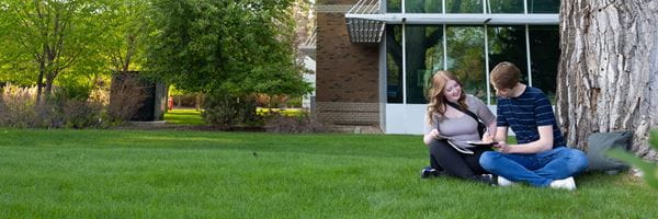 Two students sitting outside under a tree.