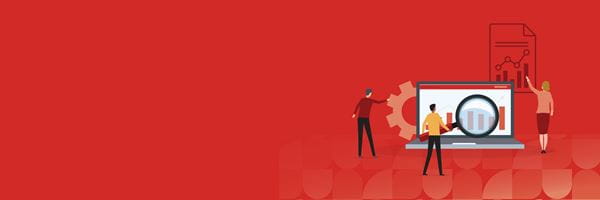 Red banner with illustration of people and charts