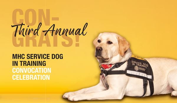 Poster of MHC service dog with graphic graduation cap. Third Annual MHC Service Dog in Training Convocation Celebration.