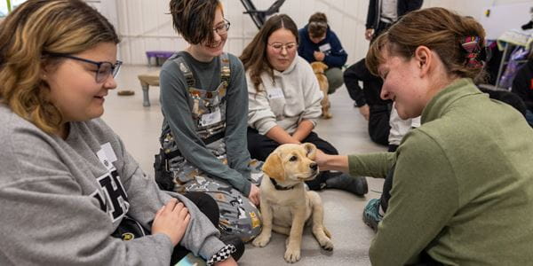Four Service Dog & Canine Studies Management Diploma students sitting around and smiling at a puppy. 