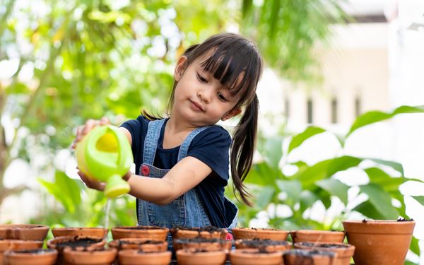 Little girl watering plants in pots. 