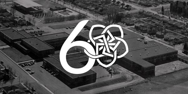 MHC 60th anniversary logo over original college location photo