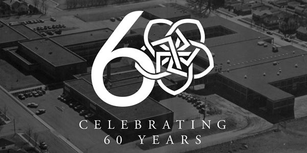 MHC 60th anniversary logo over original college location photo