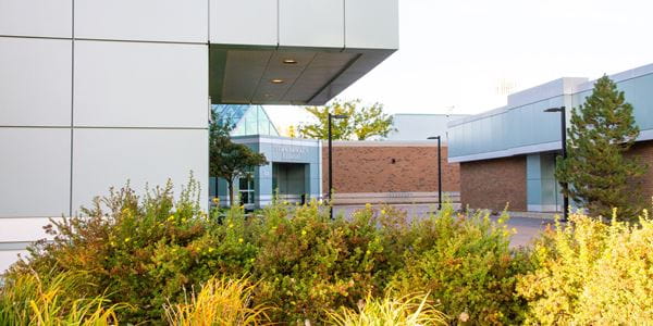 Exterior view of Vera Bracken Library in autumn