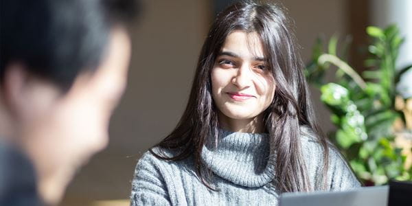 Close up of student in Centennial Hall