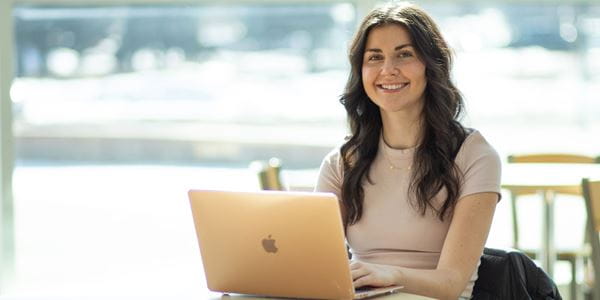 Close up of student in Centennial Hall