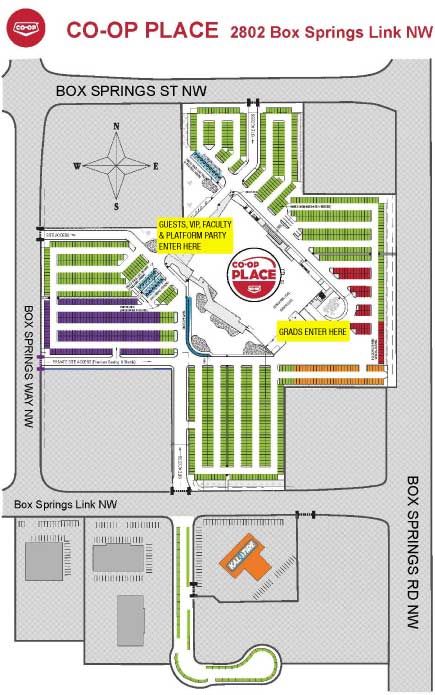 Convocation parking map with entrances marked