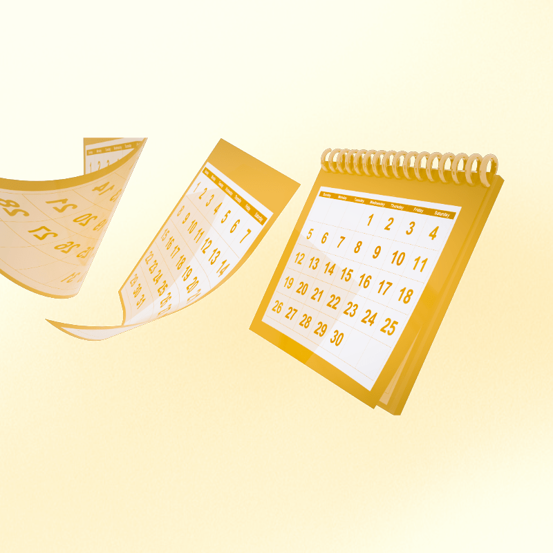 Calendar with pages floating away using gold tone and a gradient background. 