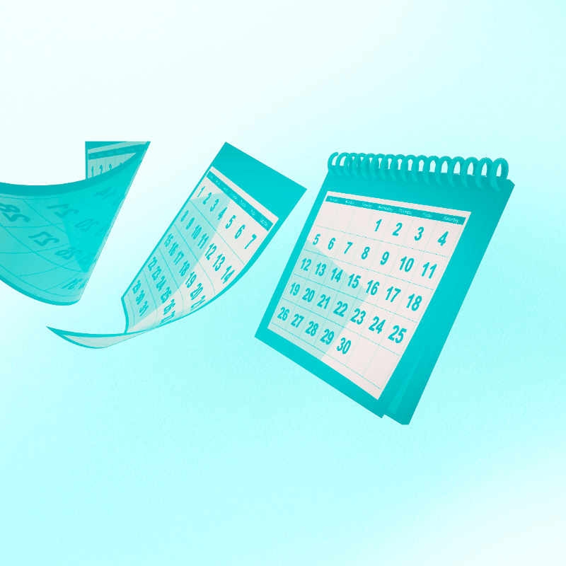 Calendar with pages floating away using teal tone and a gradient background. 