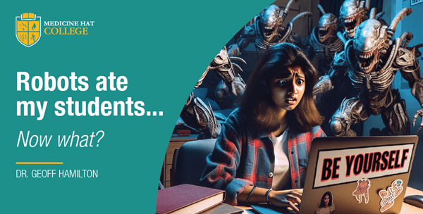 AI generated image of a student with laptop looking frightened with alien monsters behind her. Teal graphic outlining image with MHC logo and text reading 